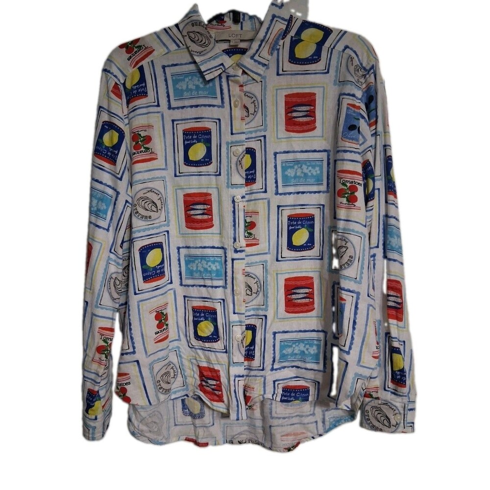 Women's LOFT long Sleeve Hi Low Button Down Linen Top Size M Oysters Pate Etc